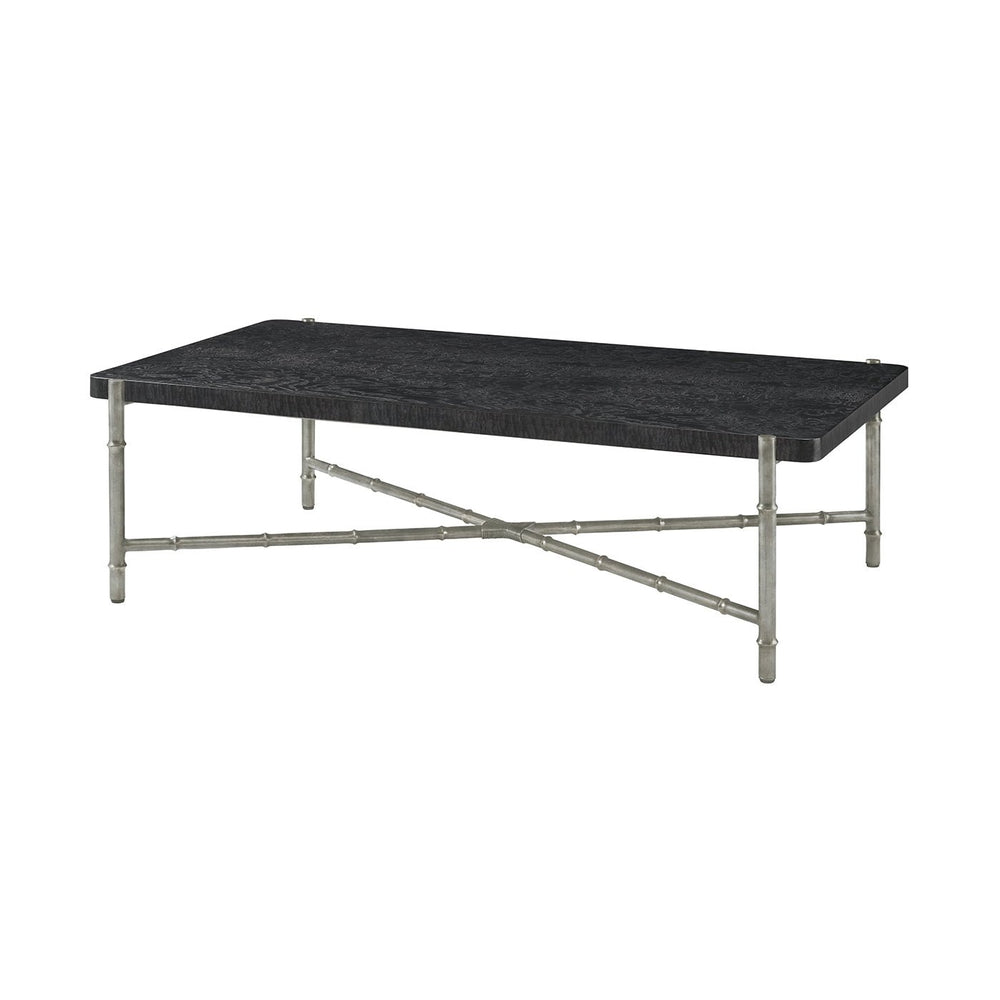 Black burl top coffee table with silver legs, side view