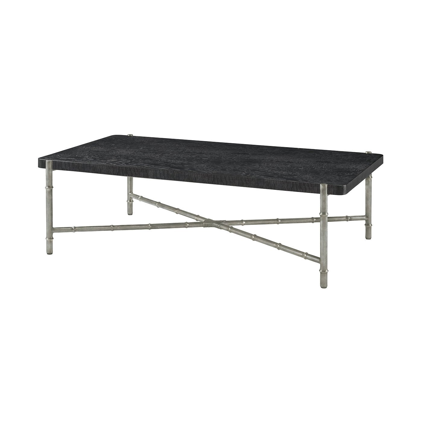 Black burl top coffee table with silver legs, side view