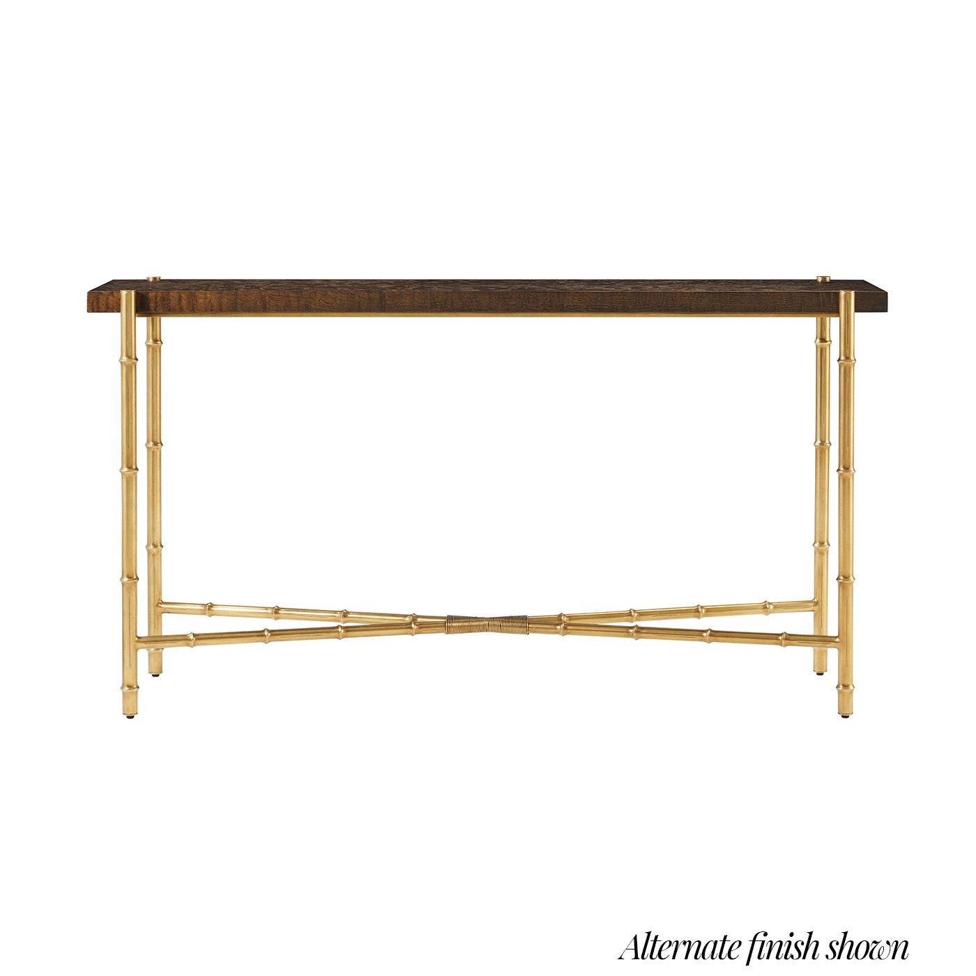 Console table with alternate finish, bamboo-style legs, front view.