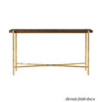 Console table with alternate finish, bamboo-style legs, front view.