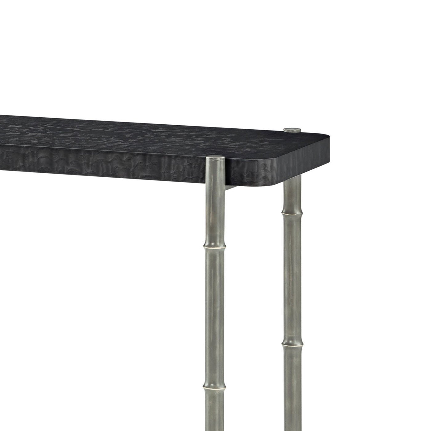Close-up of black burl console table corner, top detail.