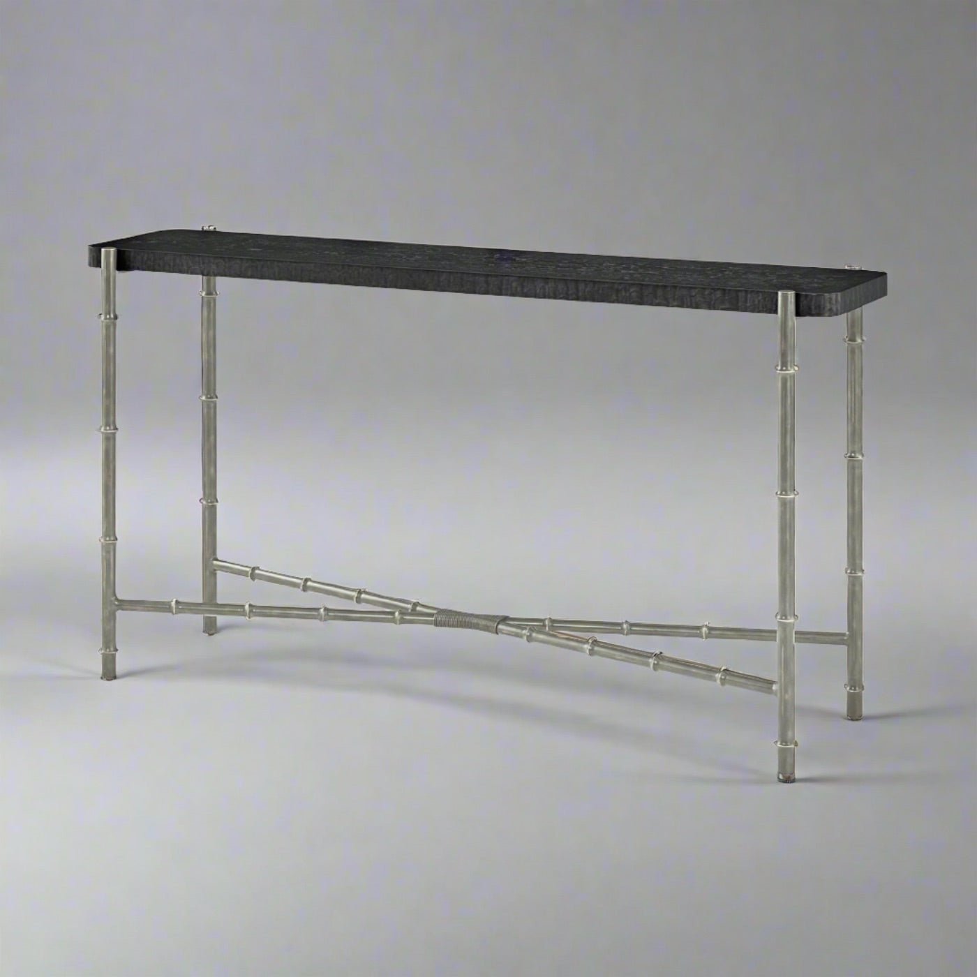 Black burl console table, mid-century style, angled view.