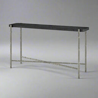 Black burl console table, mid-century style, angled view.