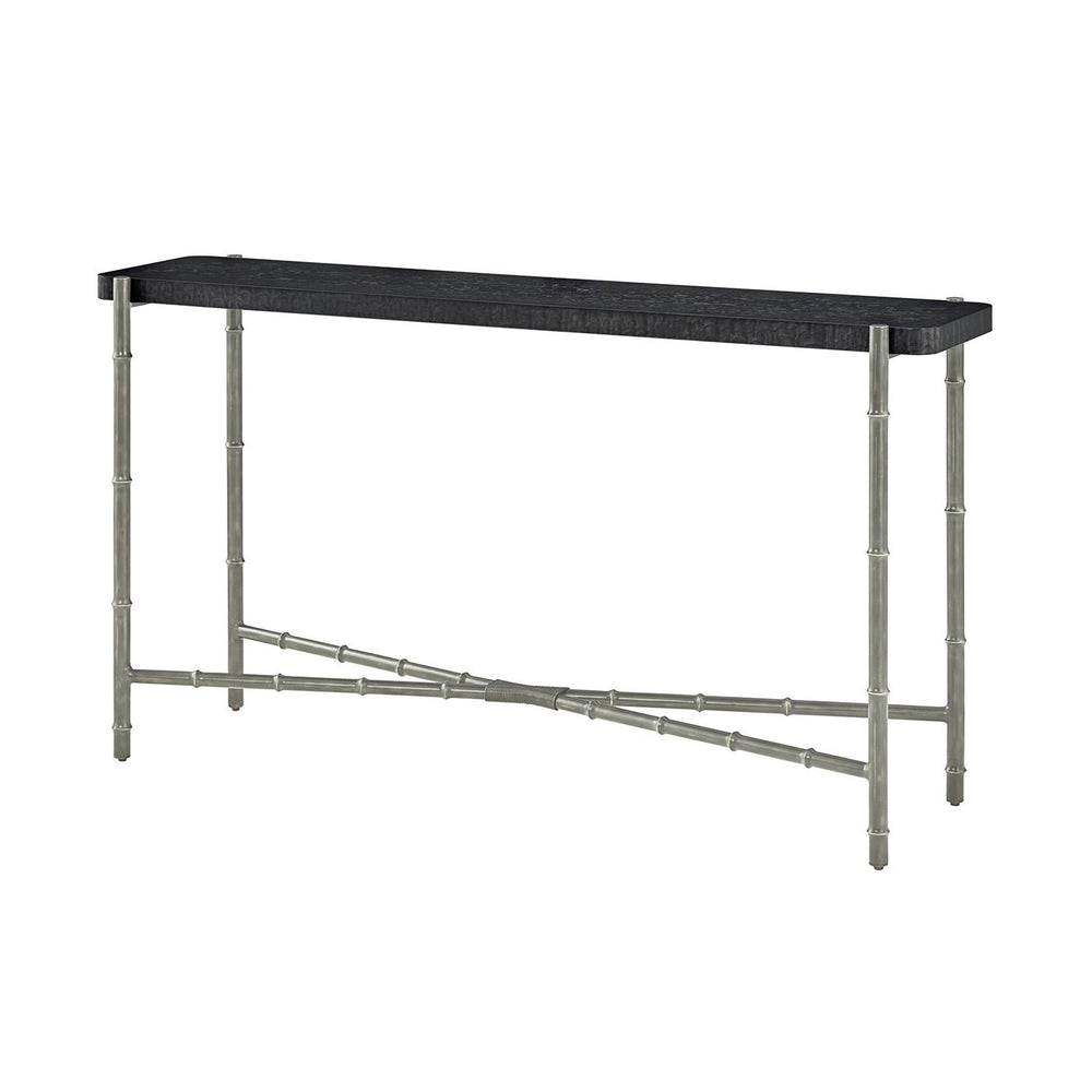 Mid-century black burl console table, metal legs, front view.