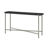 Mid-century black burl console table, metal legs, front view.