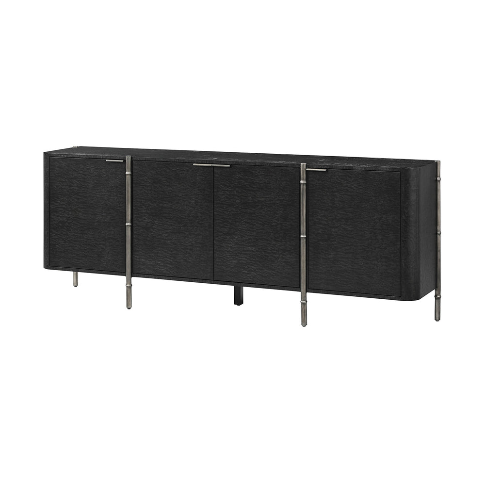 Black burl wood sideboard, angle view, chrome handles.