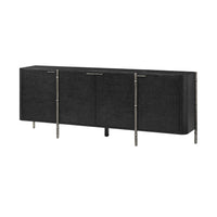 Black burl wood sideboard, angle view, chrome handles.