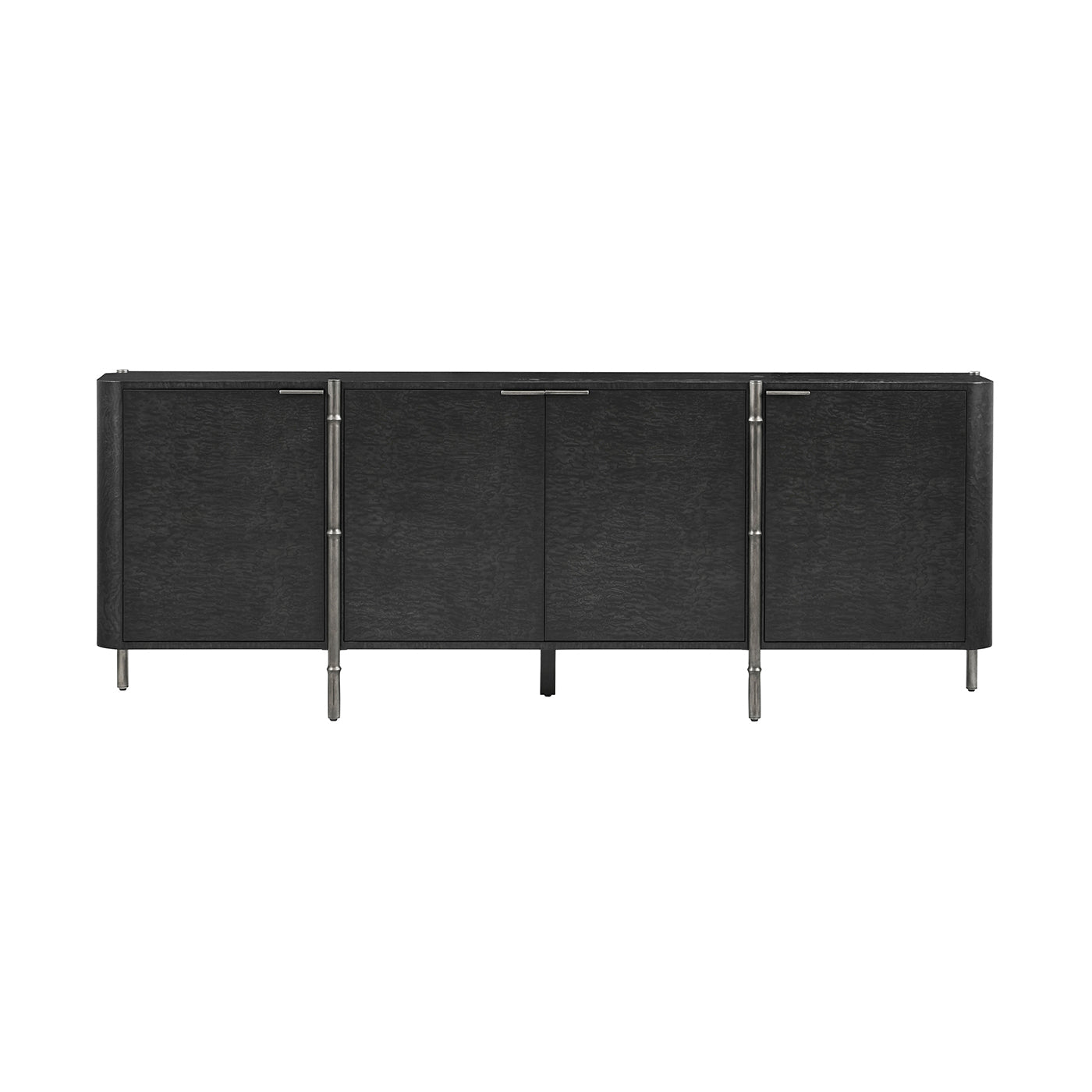 Black burl wood sideboard, front view, chrome handles.