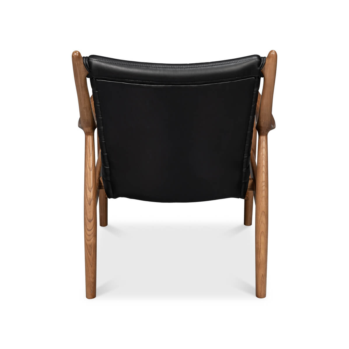 Mid-century black leather accent chair back view.
