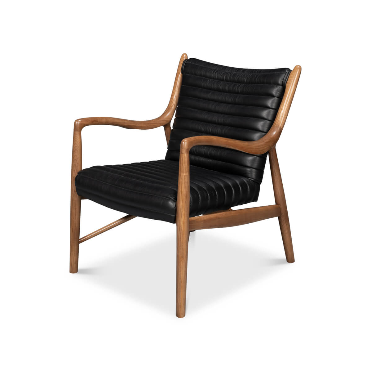 Mid-century black leather accent chair angled view.