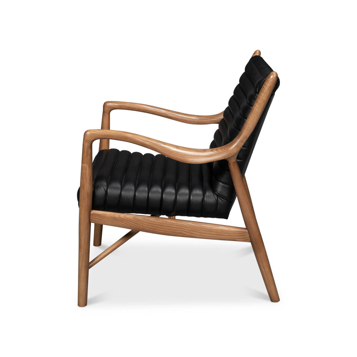 Mid-century black leather accent chair side view.