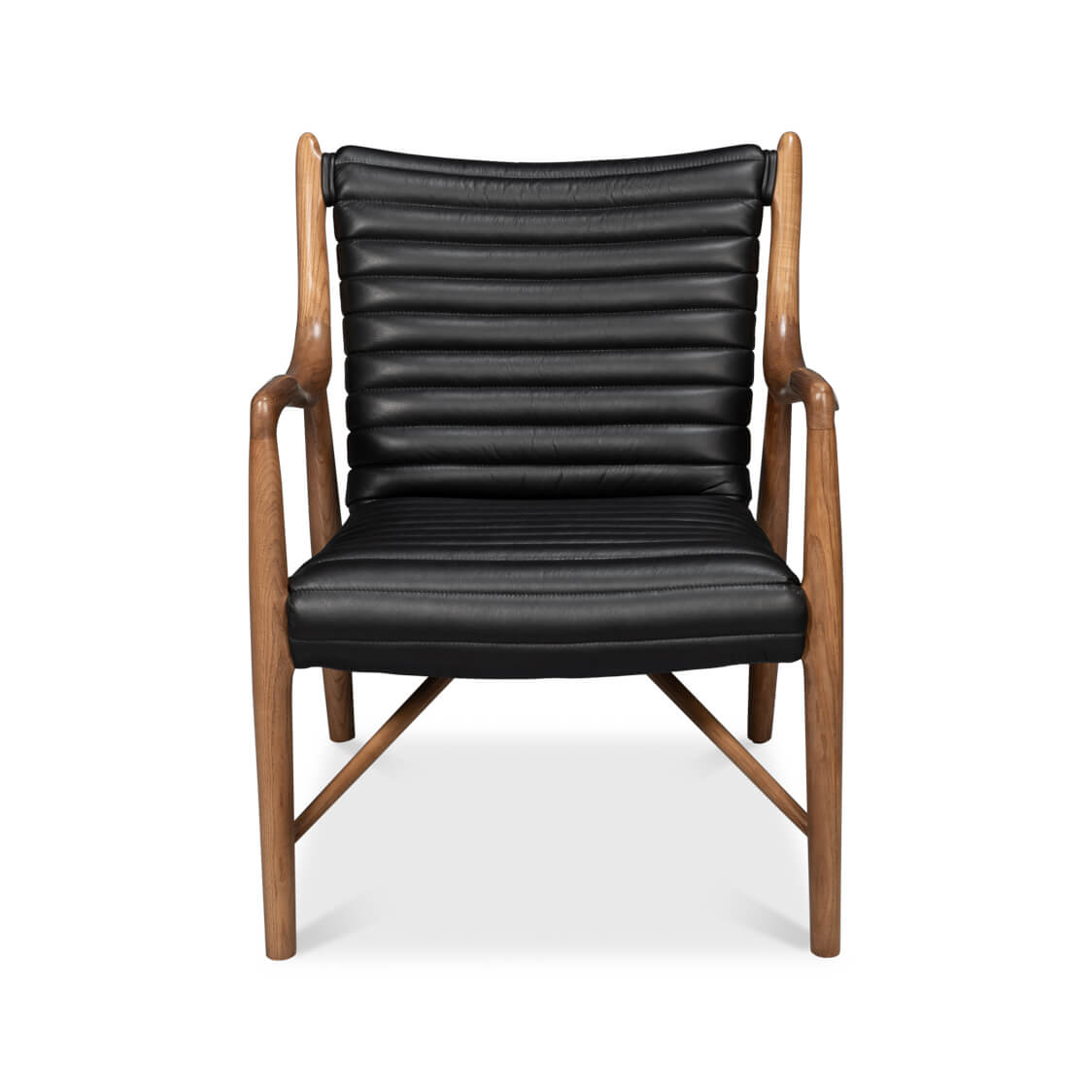 Mid-century black leather accent chair front view.