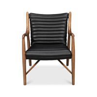 Mid-century black leather accent chair front view.