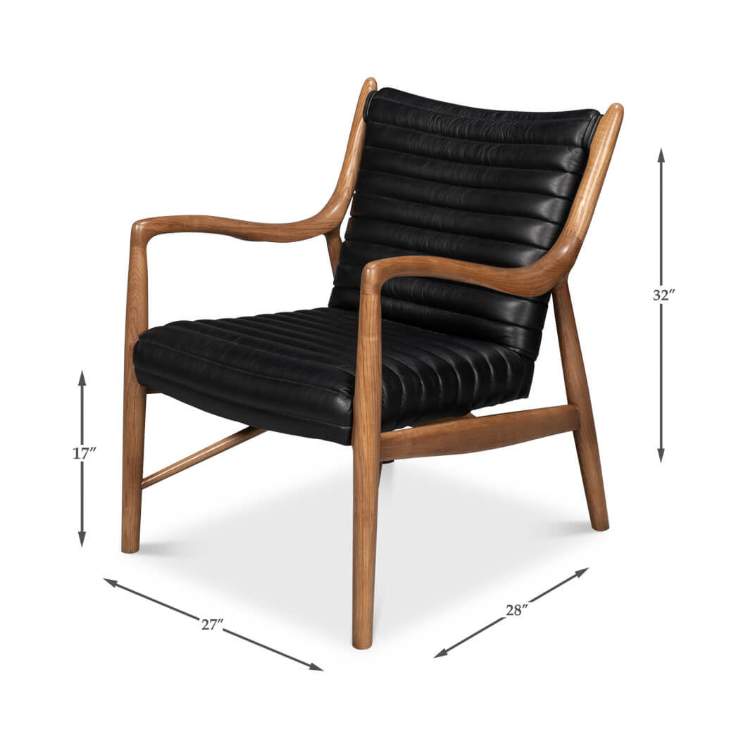 Mid-century black leather accent chair with dimensions.