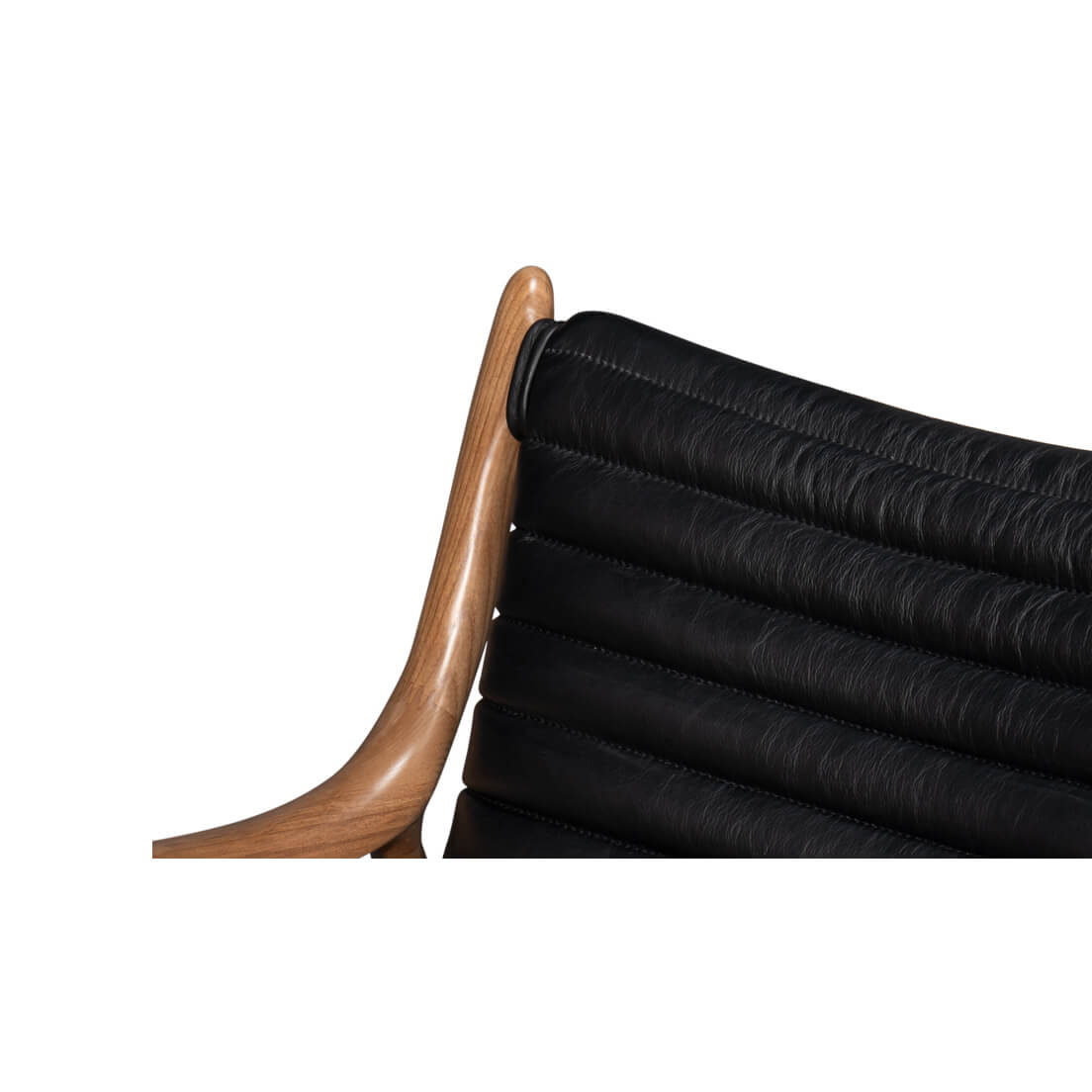 Mid-century accent chair upper backrest detail, black leather.