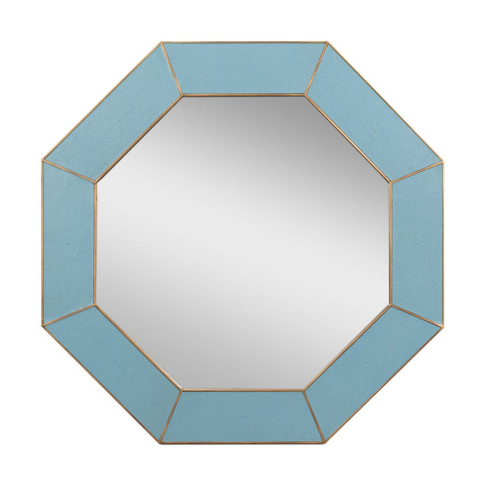 Blue octagonal leather mirror, front view.