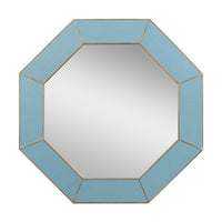 Blue octagonal leather mirror, front view.
