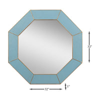 Dimensions of blue octagonal leather mirror shown.
