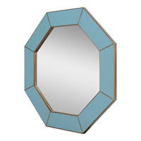 Side angle of blue octagonal leather mirror.
