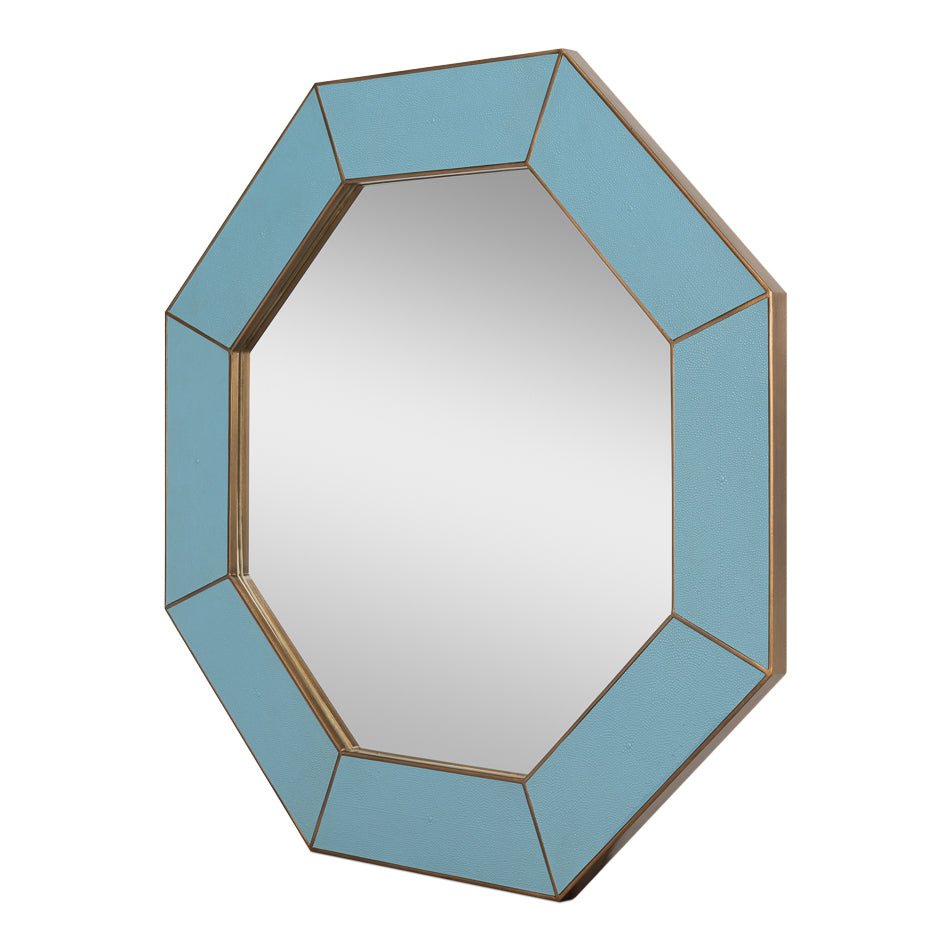 Side angle of blue octagonal leather mirror.