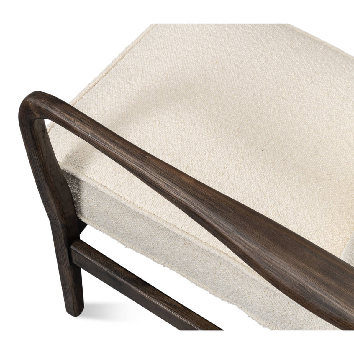Mid-century boucle armchair top-down arm and seat view.