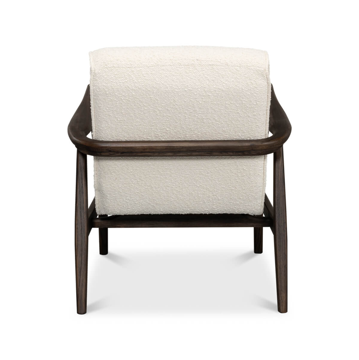 Mid-century boucle armchair back view.