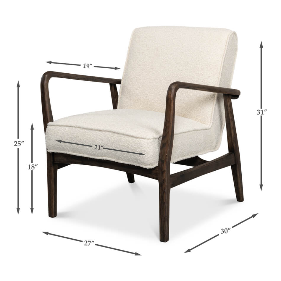 Mid-century boucle armchair dimensions with labeled measurements.