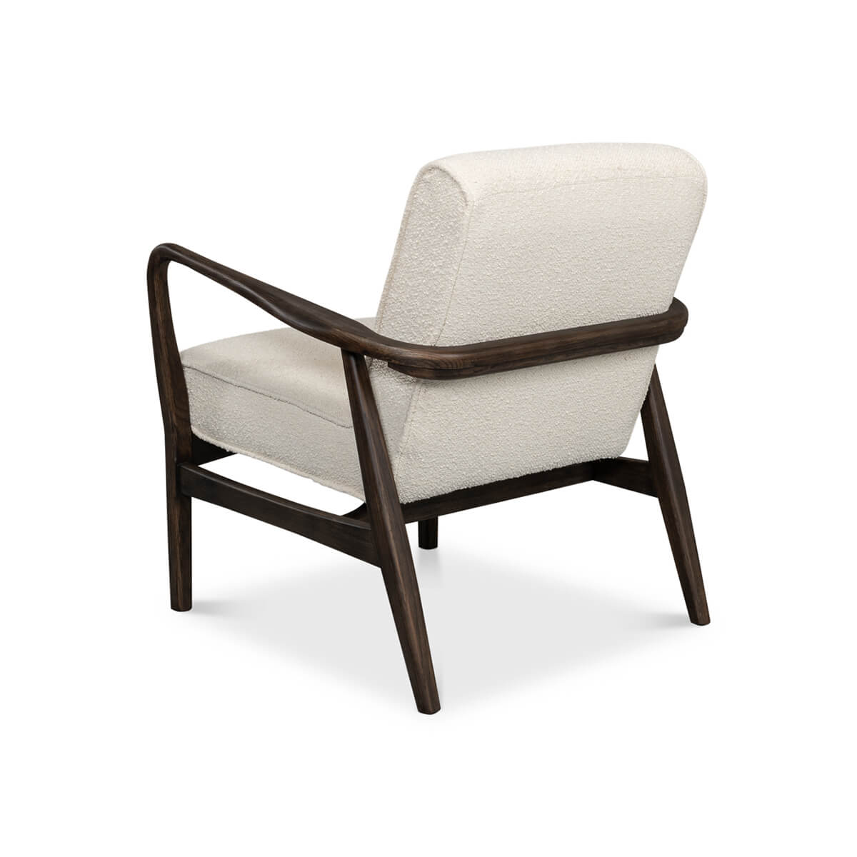 Mid-century boucle armchair rear angled view.