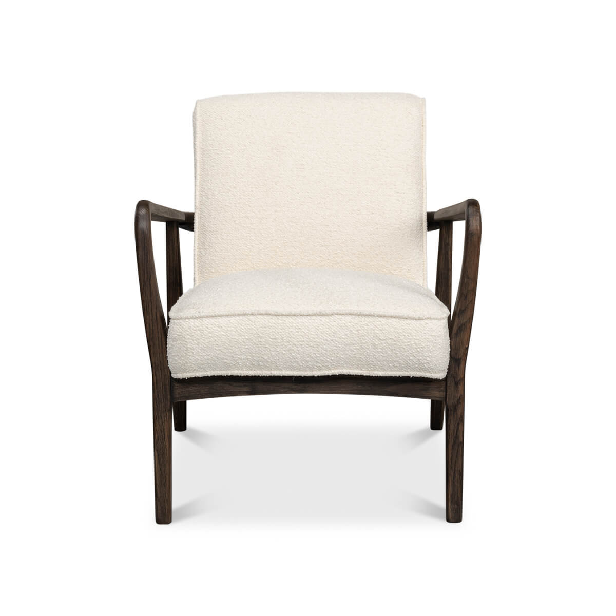 Mid-century boucle armchair straight front view.