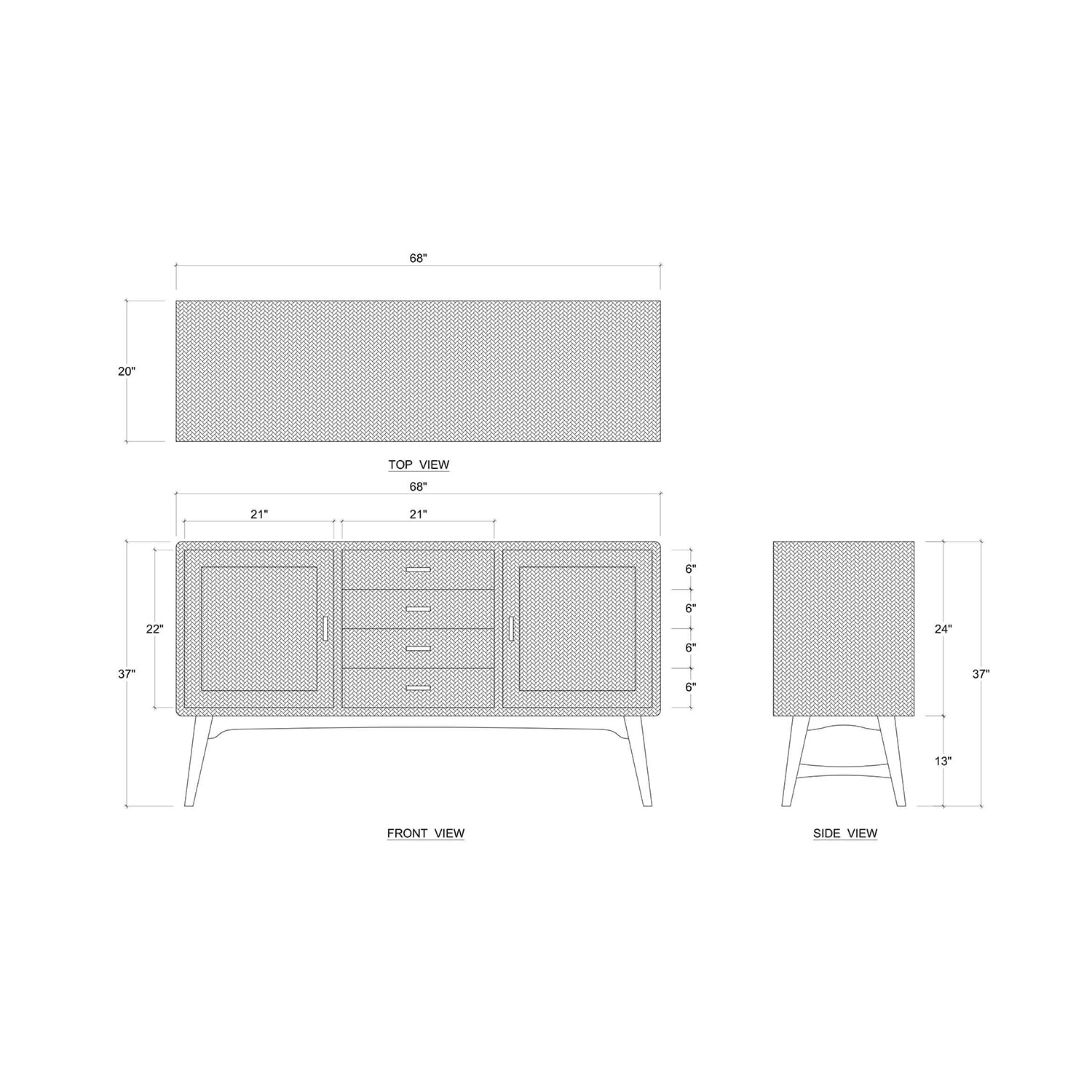 Dimensions and schematic of mid-century buffet.