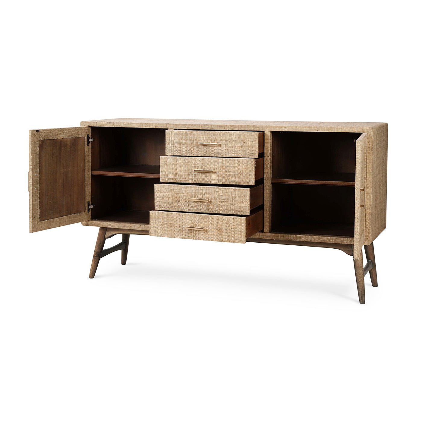 Mid-century buffet with doors and drawers open.