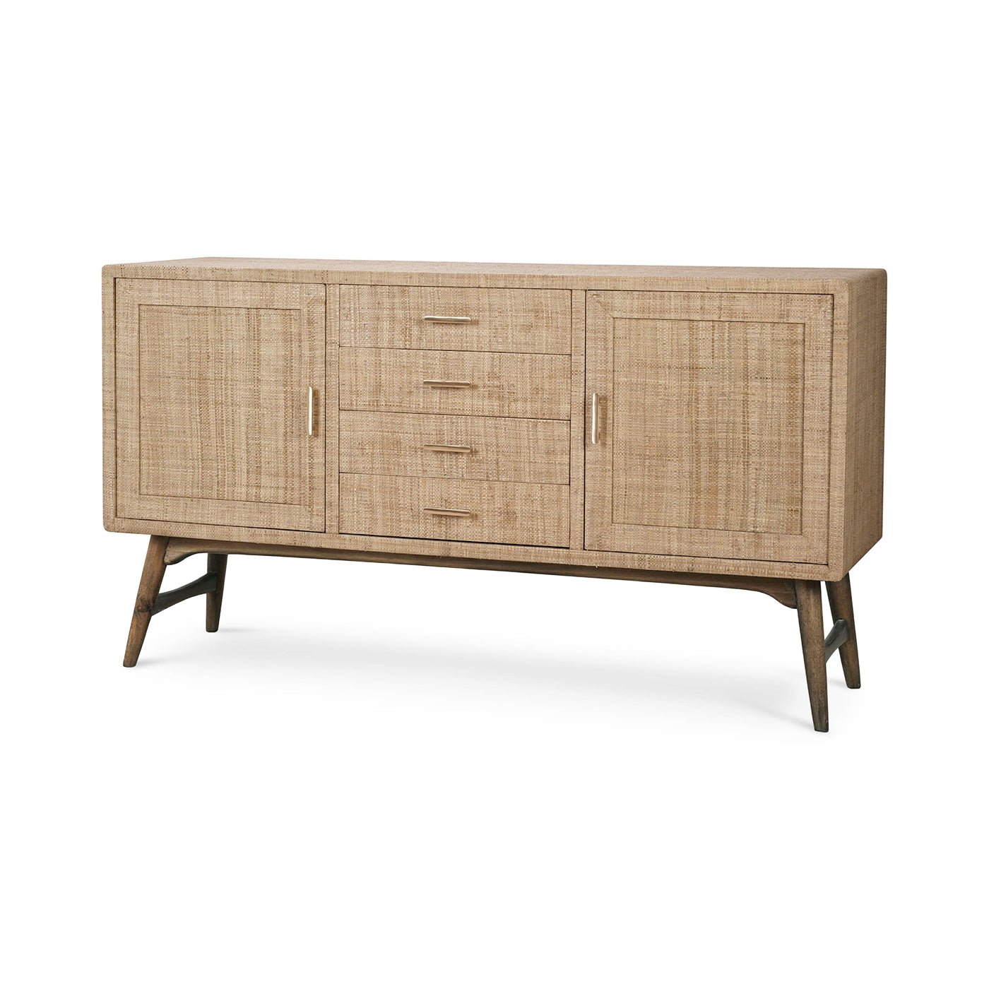 Front angled view of mid-century buffet sideboard.