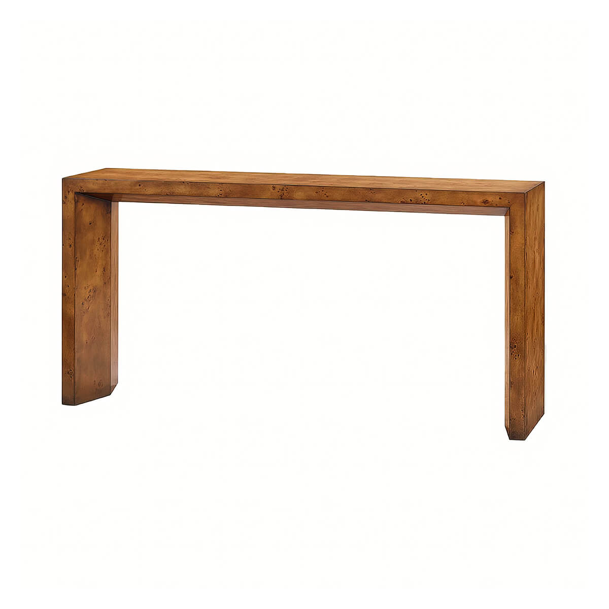 Mid-century burl console table full view.