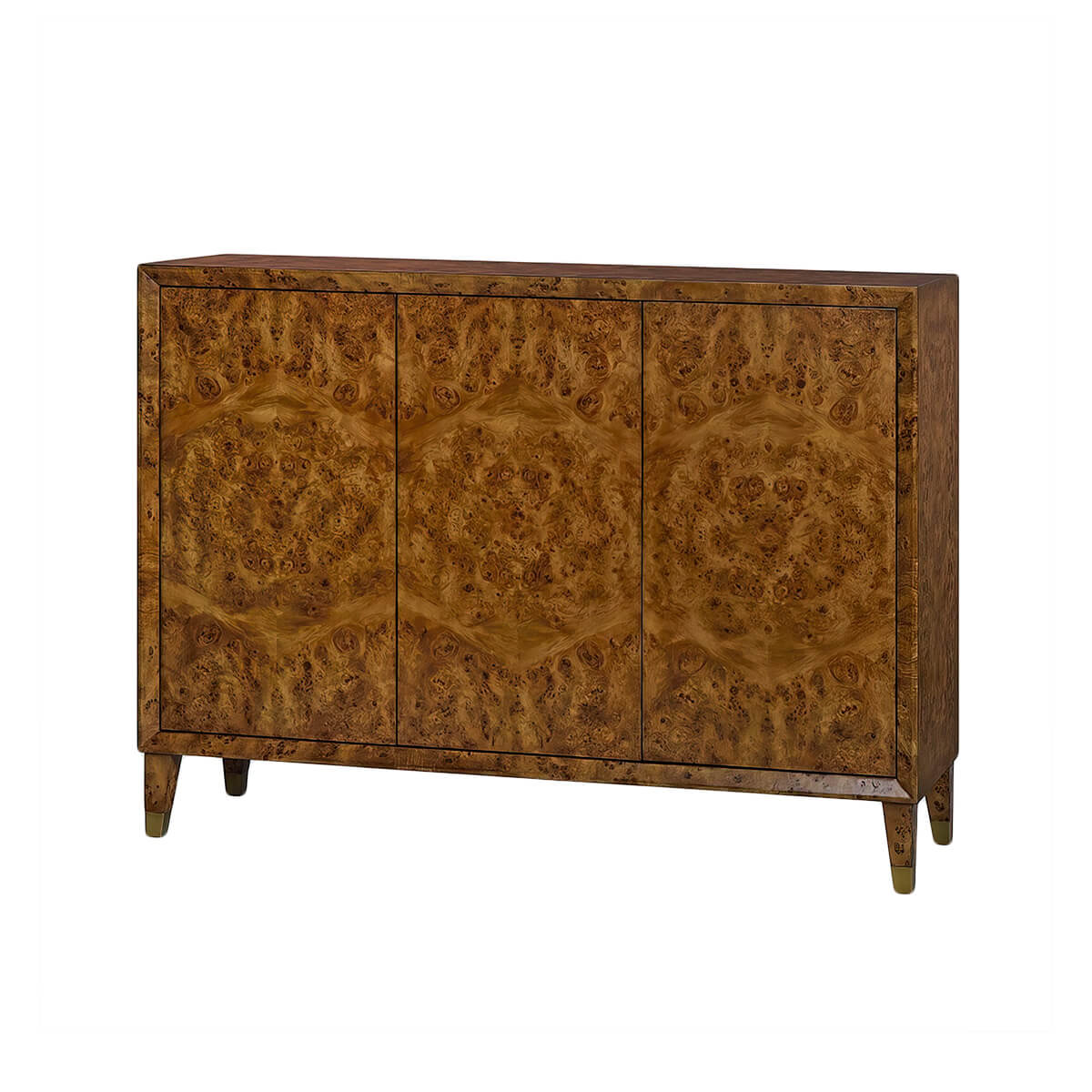 Front view of mid-century burl credenza with three doors.