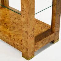 Lower section of burl étagère bookshelf with shelves.