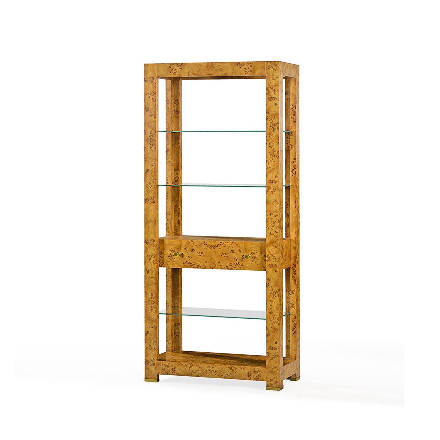 Mid-century burl étagère bookshelf with glass shelves.