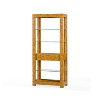 Mid-century burl étagère bookshelf with glass shelves.