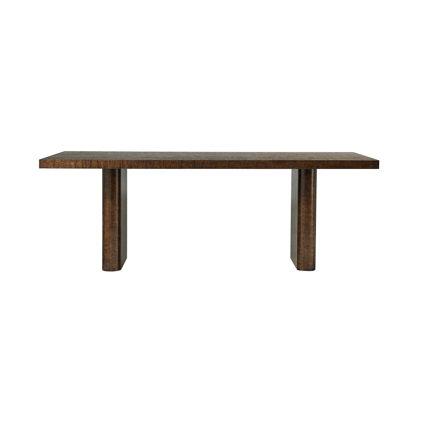 Front view of mid century burl dining table.