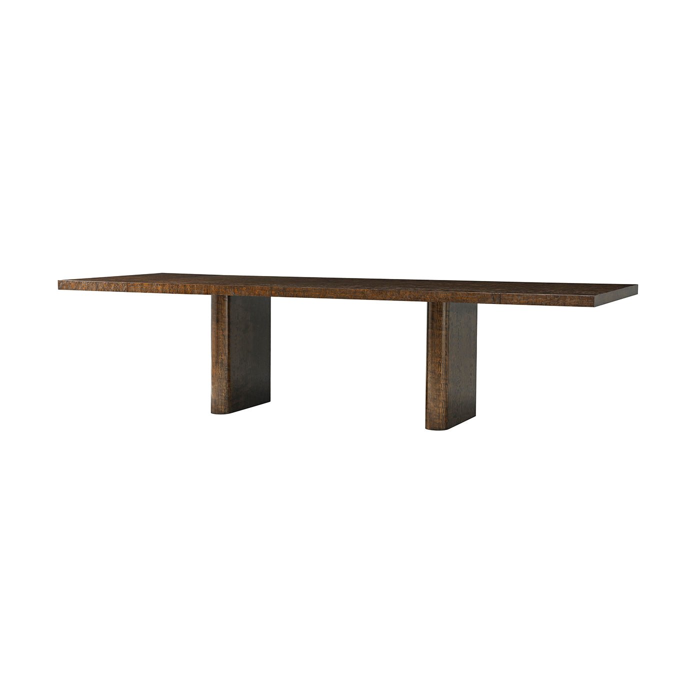 Burl dining table, angled side view.