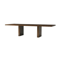 Burl dining table, angled side view.
