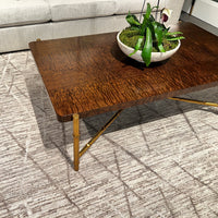 Coffee table with burl top, plant centerpiece on rug.