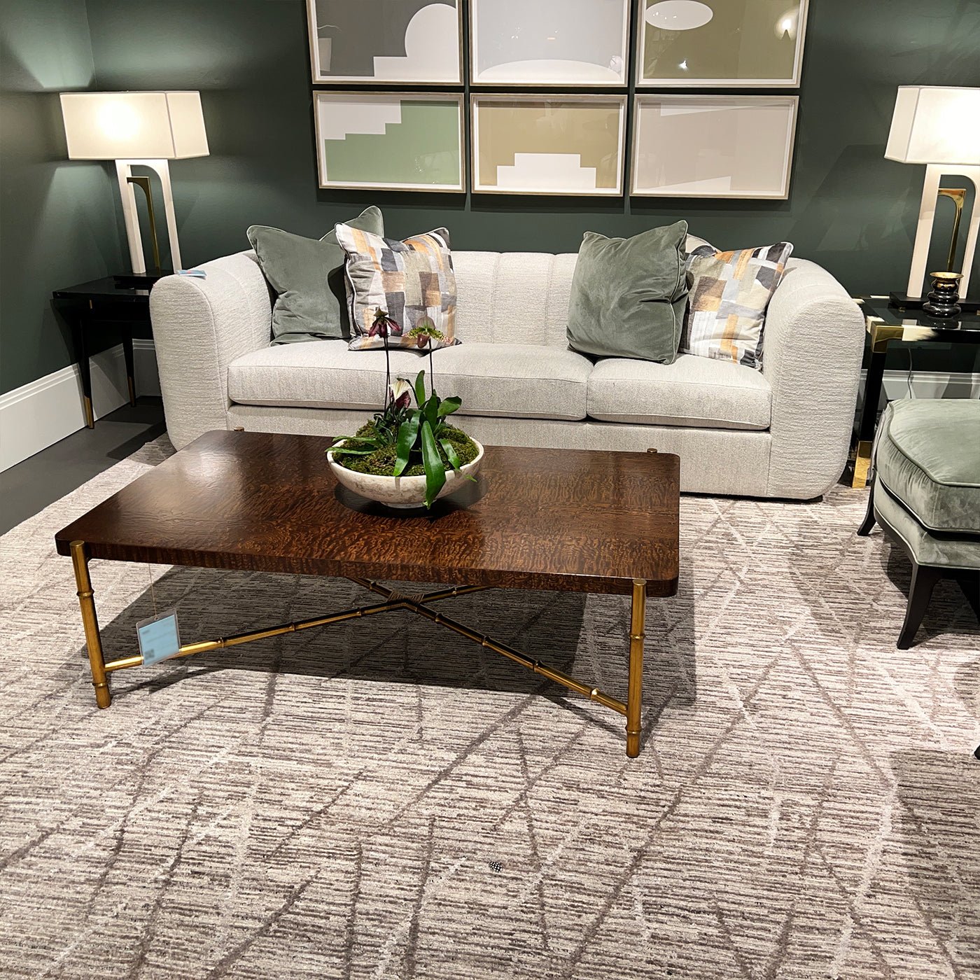 Coffee table in modern living room setup with couch.