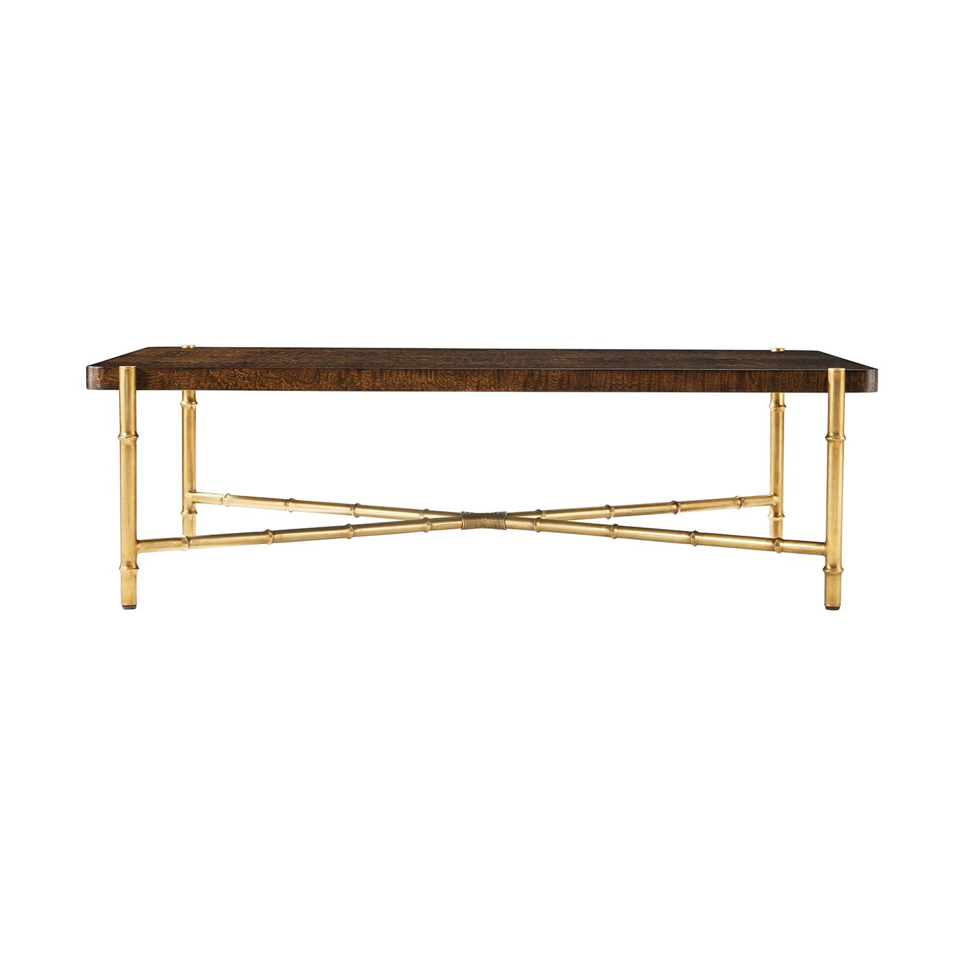 Front view of mid-century coffee table with bamboo details.