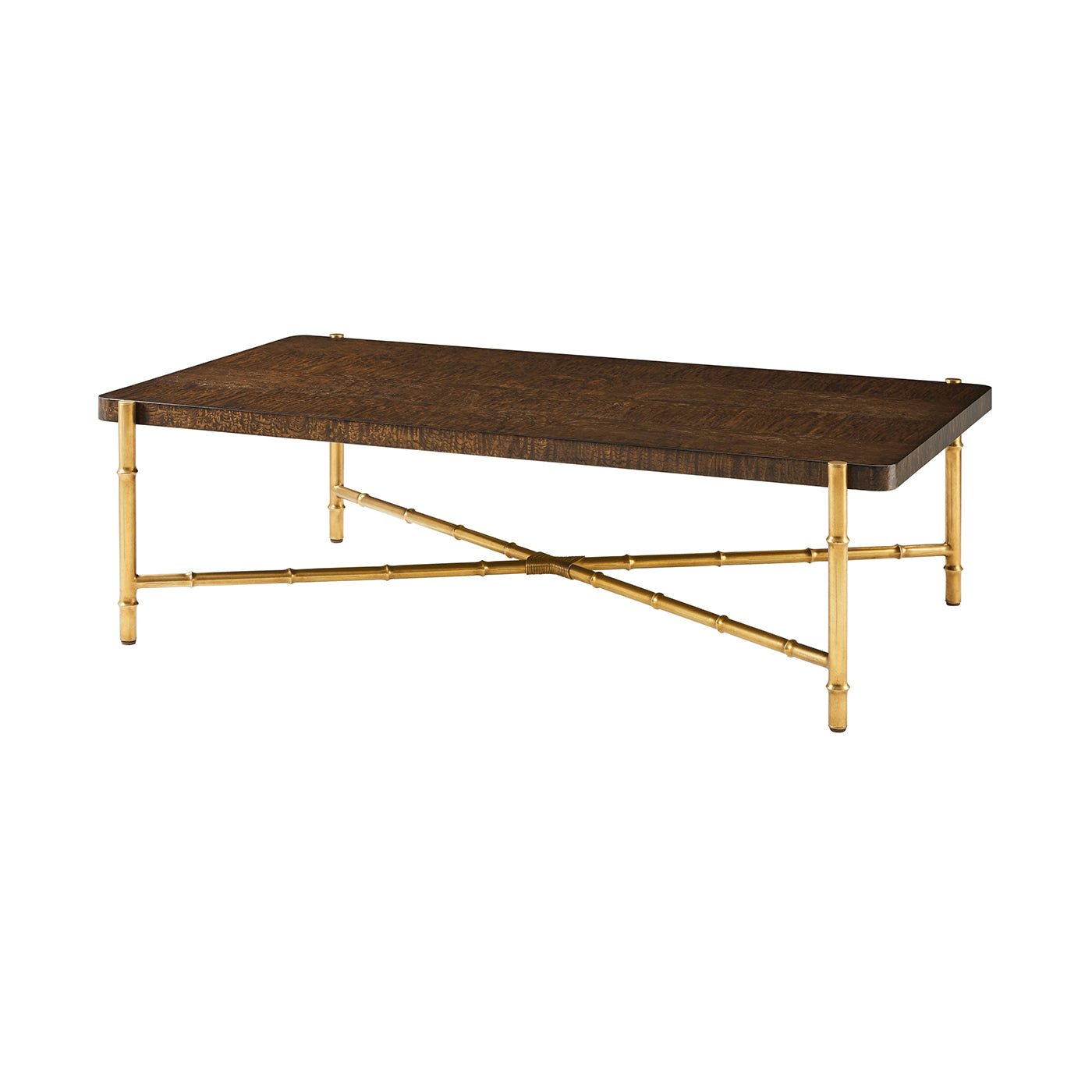 Mid-century coffee table with gold bamboo legs, angled view.
