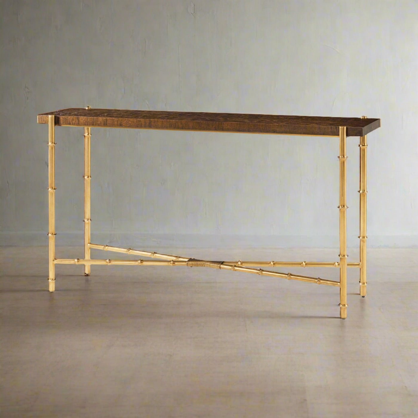 Console table in room setting with wooden floor.