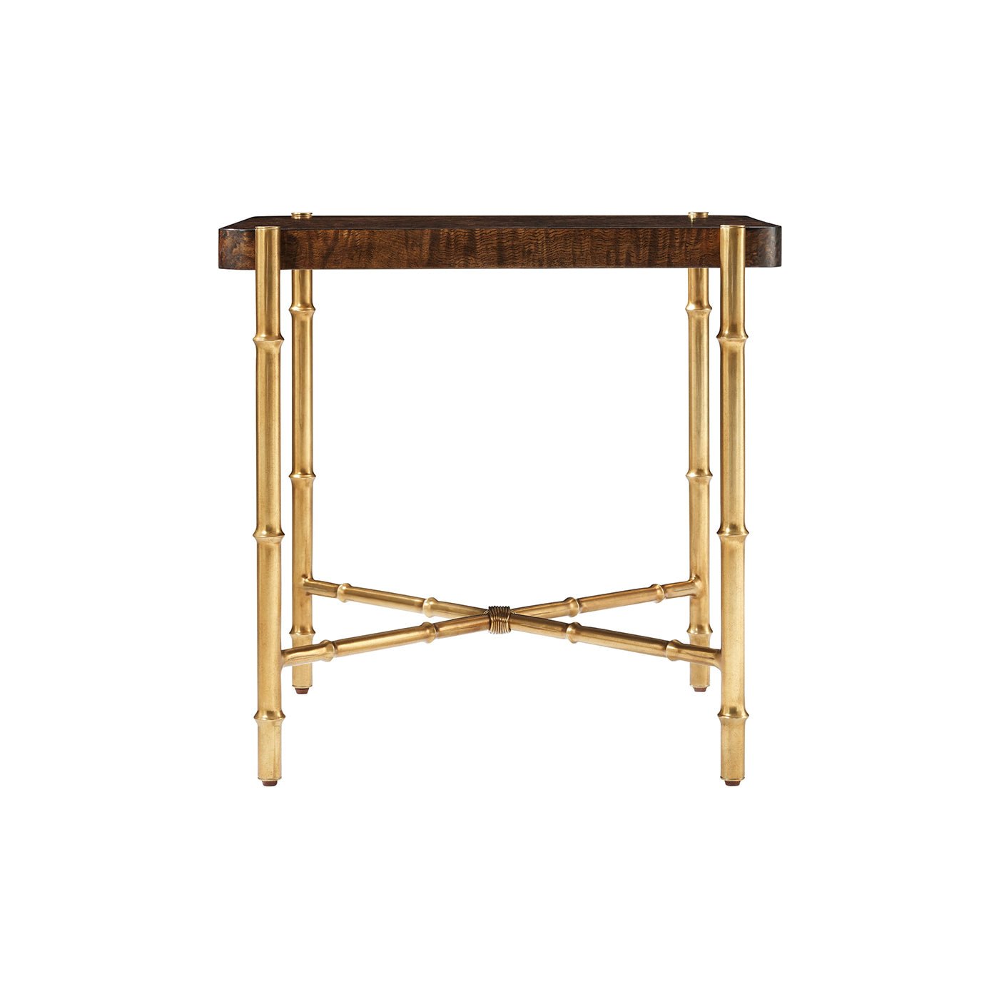 Front view of mid-century burl top end table.