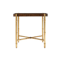 Front view of mid-century burl top end table.