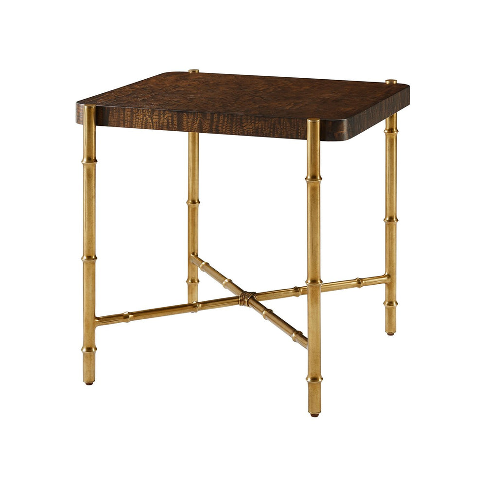 Mid-century burl top end table corner view.