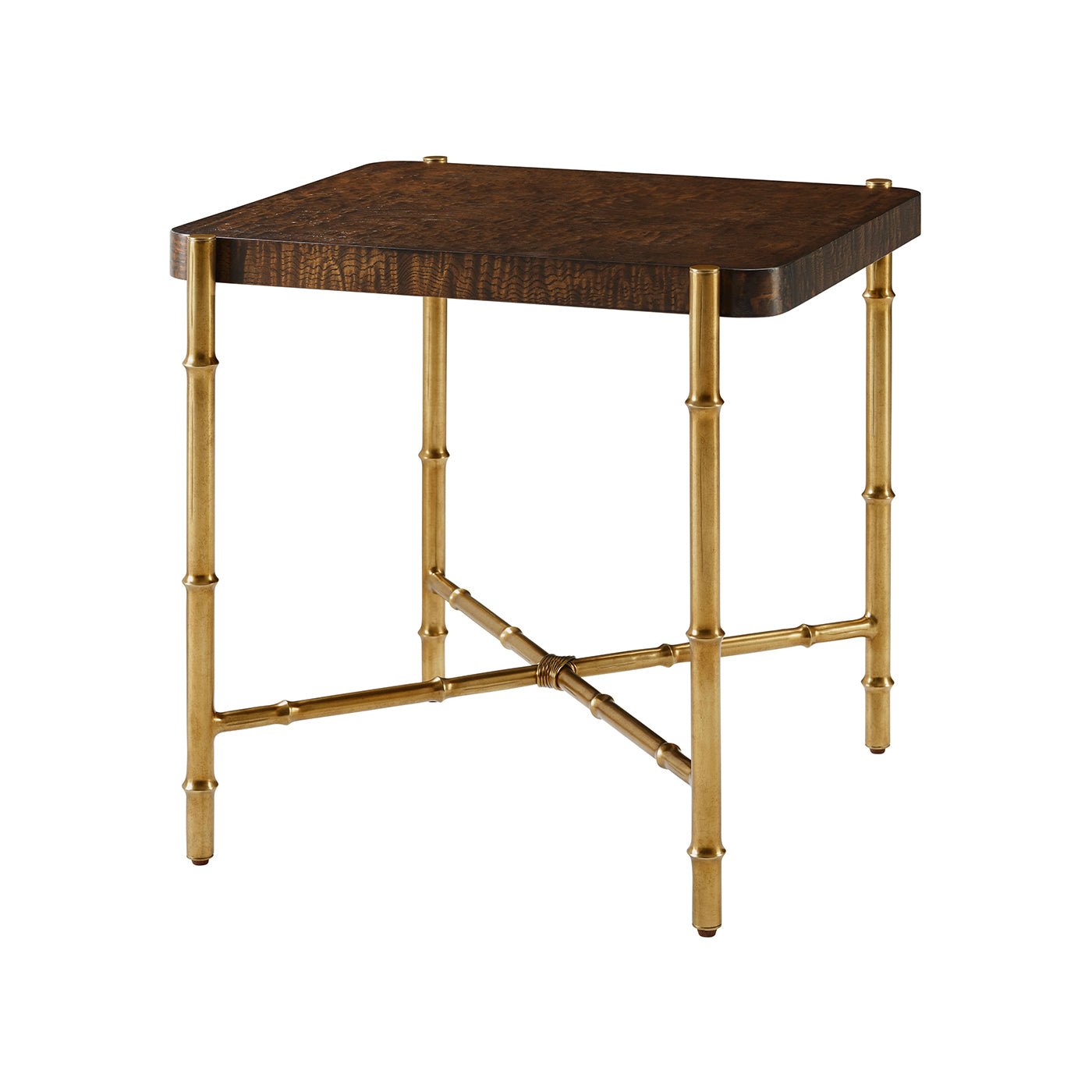 Mid-century burl top end table corner view.