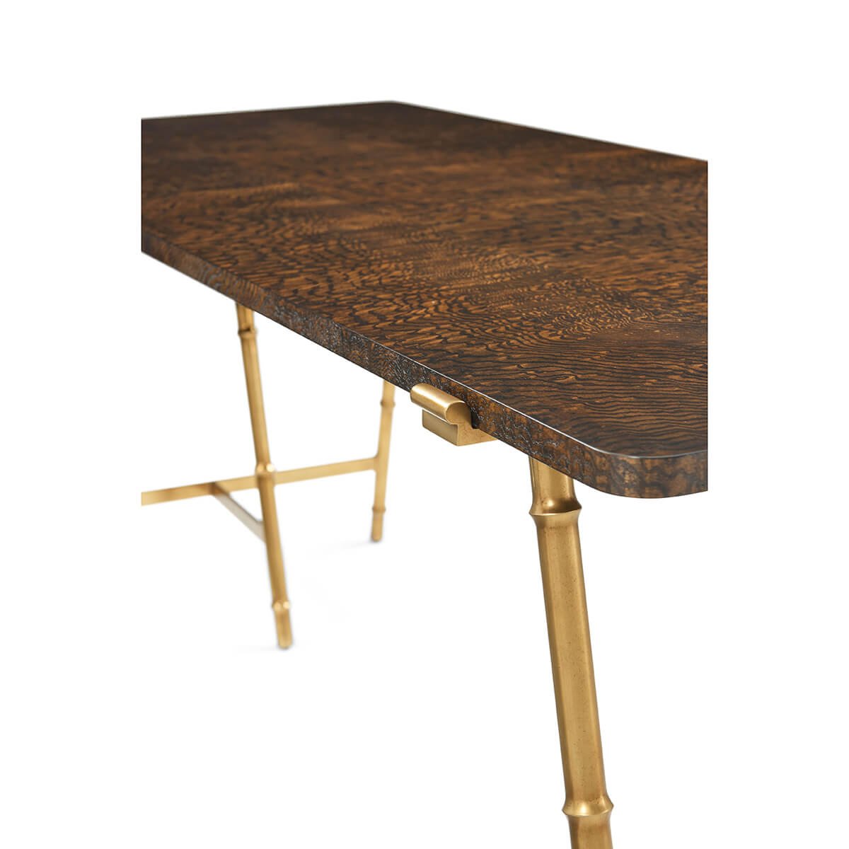 Close-up of burl top on writing table.